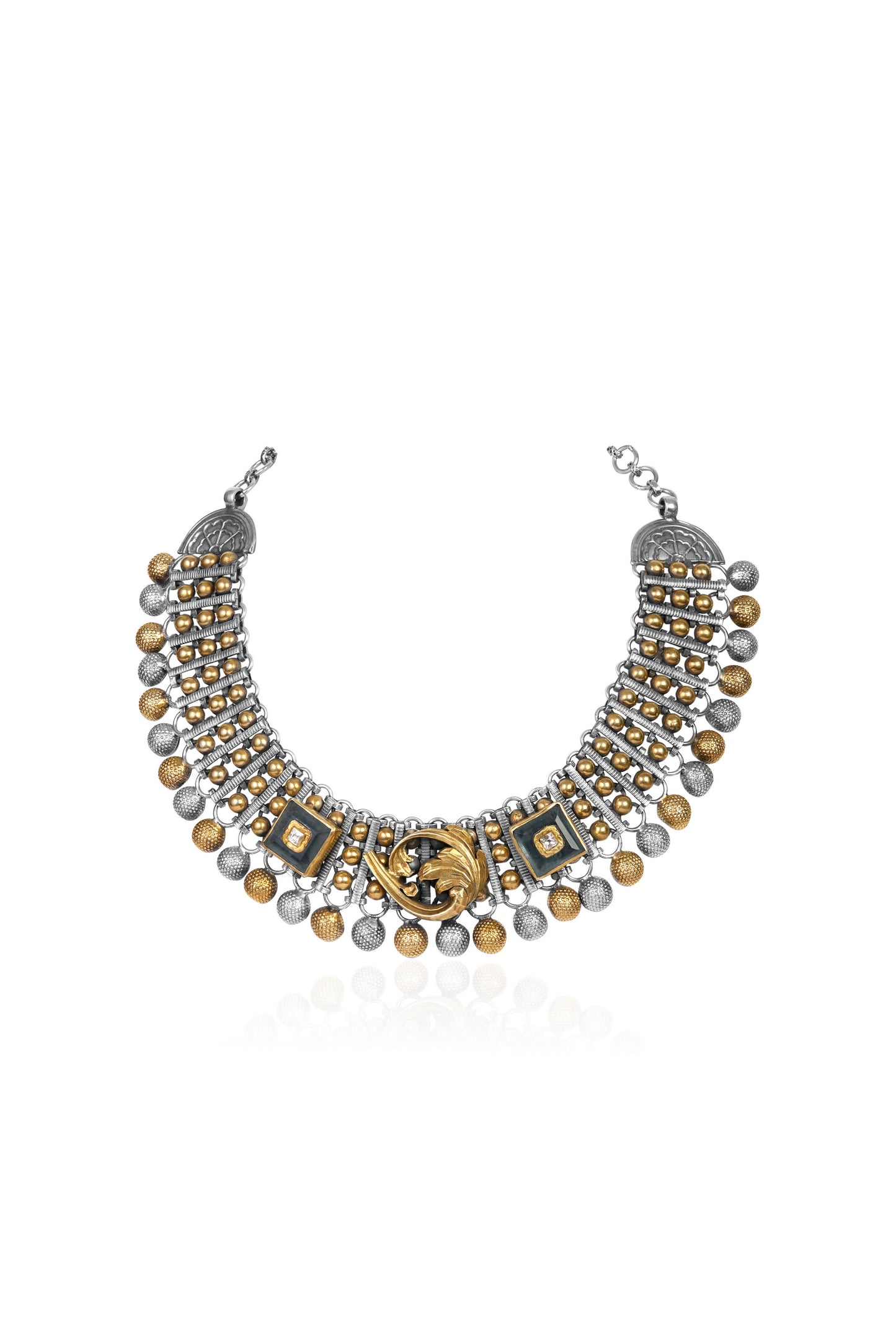 Two-Tone Silver and Gold Choker with Geometric and Dark Stone Accents