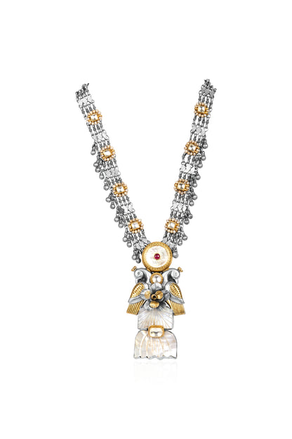 Two-Tone Silver and Gold Long Necklace with Pearls, Ruby, and Bird Motifs
