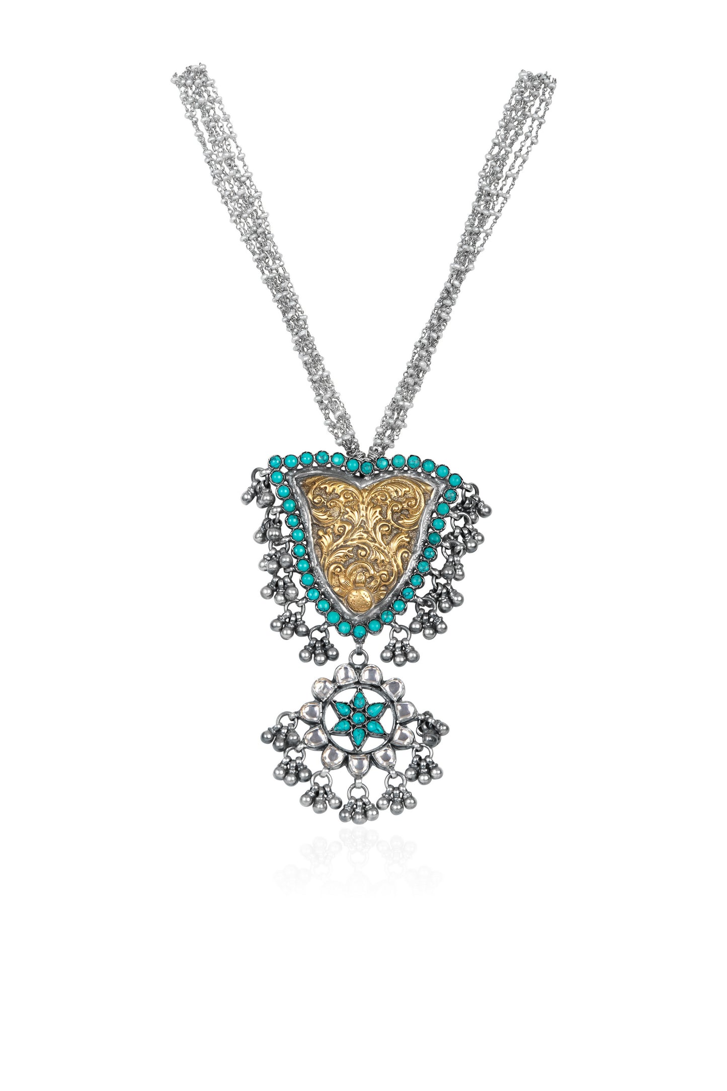 Layered Silver and Gold Tone Necklace with Turquoise and Floral Silver Bottom Piece