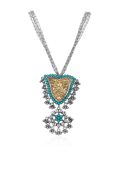 Layered Silver and Gold Tone Necklace with Turquoise and Floral Silver Bottom Piece