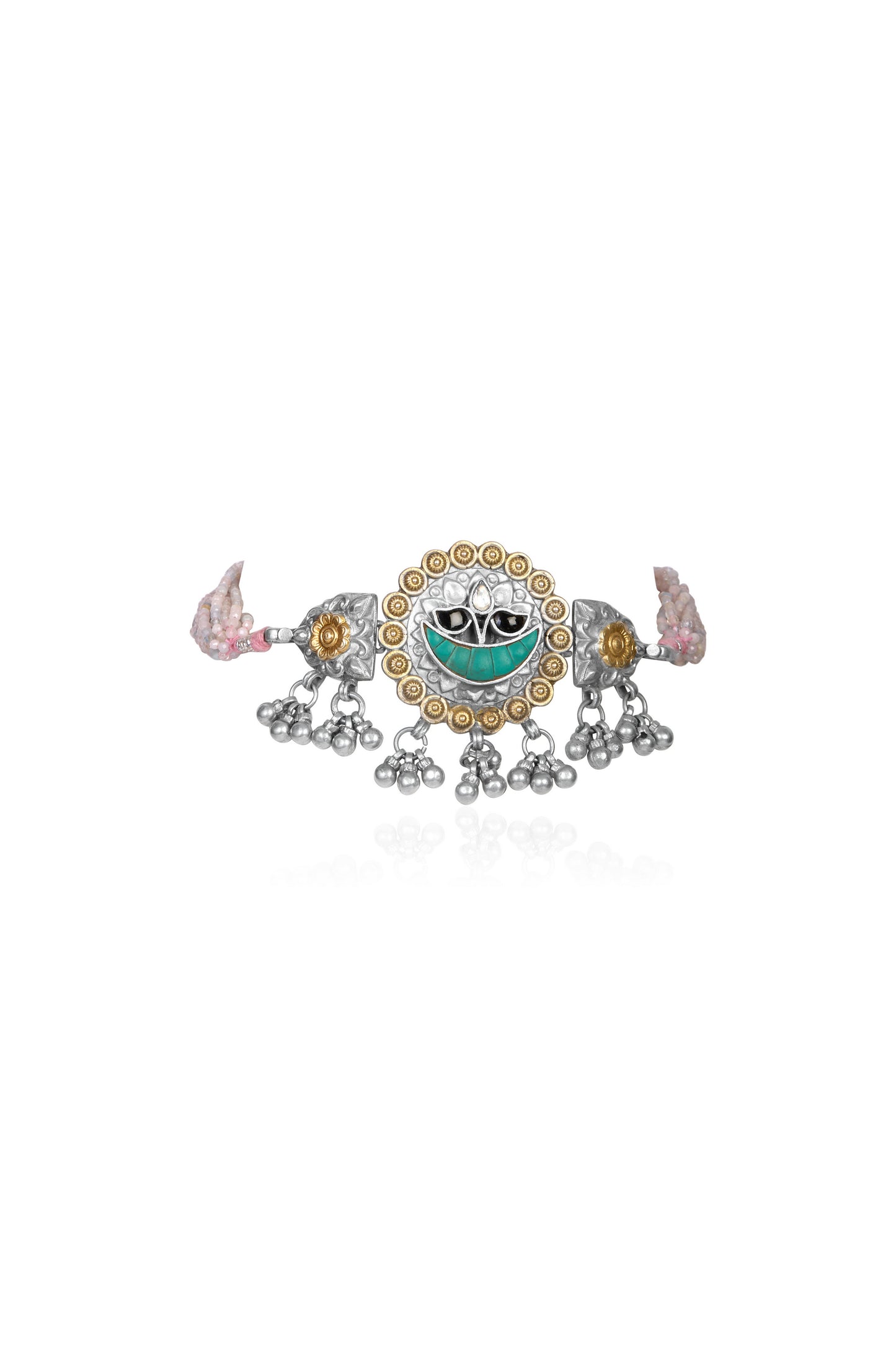 Unique Silver and Gold Choker with Turquoise Inlay, Ruby Details, and Amethyst Wings