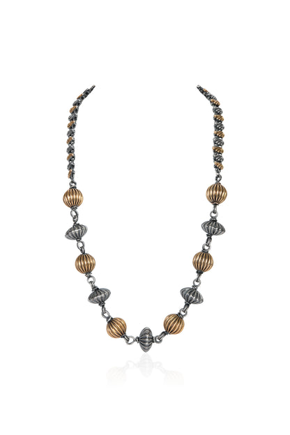Two-Tone Silver and Gold Bead Necklace with Ribbed and Textured Elements