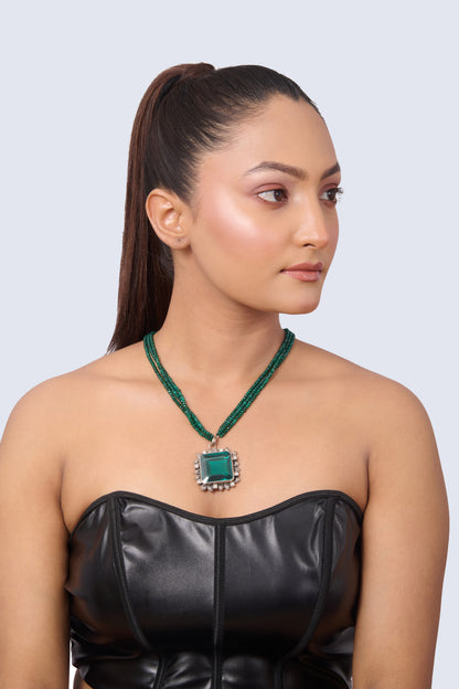 Silver Tone Necklace with Multi-Strand Green Onyx Beads and Emerald Pendant