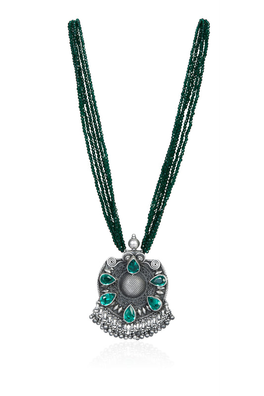Ornate Silver Necklace with Teardrop Emeralds and Dark Green Beaded Strands