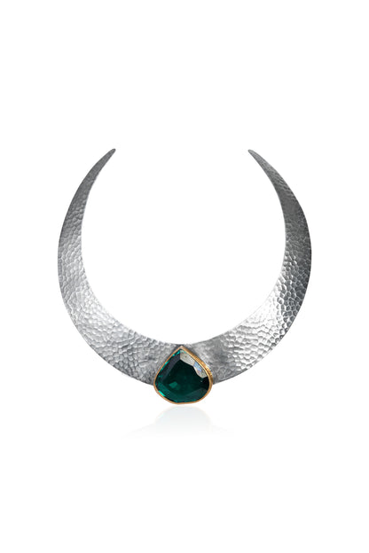 Sterling Silver Hammered Torque Necklace with Teardrop Emerald