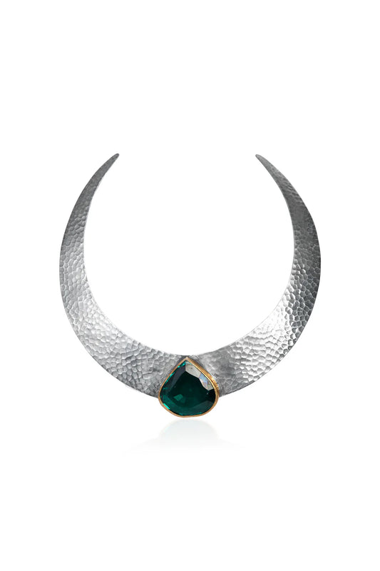 Sterling Silver Hammered Torque Necklace with Teardrop Emerald
