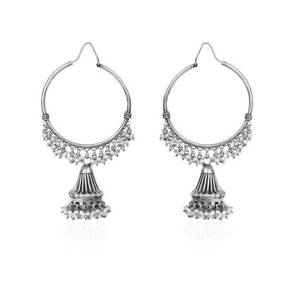 Oxidized Silver Hoop Earrings with Jhumka and Pearl Dangles