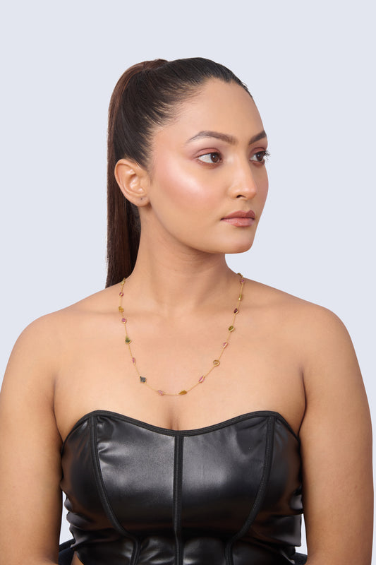 Elegant Silver Chain Necklace with Freeform Multi-Colored Tourmaline Accents