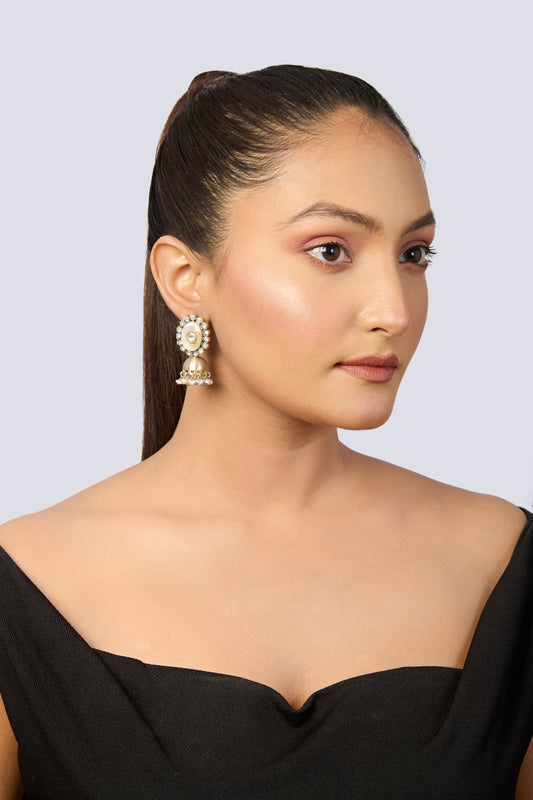 Oxidized Silver Polki Jhumka Earrings with Mother-of-Pearl Center and Pearl Drops