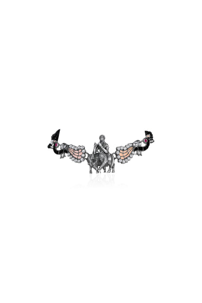 Religious Silver Pendant with Krishna Fluting, Cow, Peacocks with Ruby Eyes, and Pearl Highlights