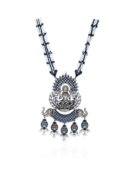 Silver Tone Lakshmi Elephant Necklace with Blue Sapphires and Pearl Beads