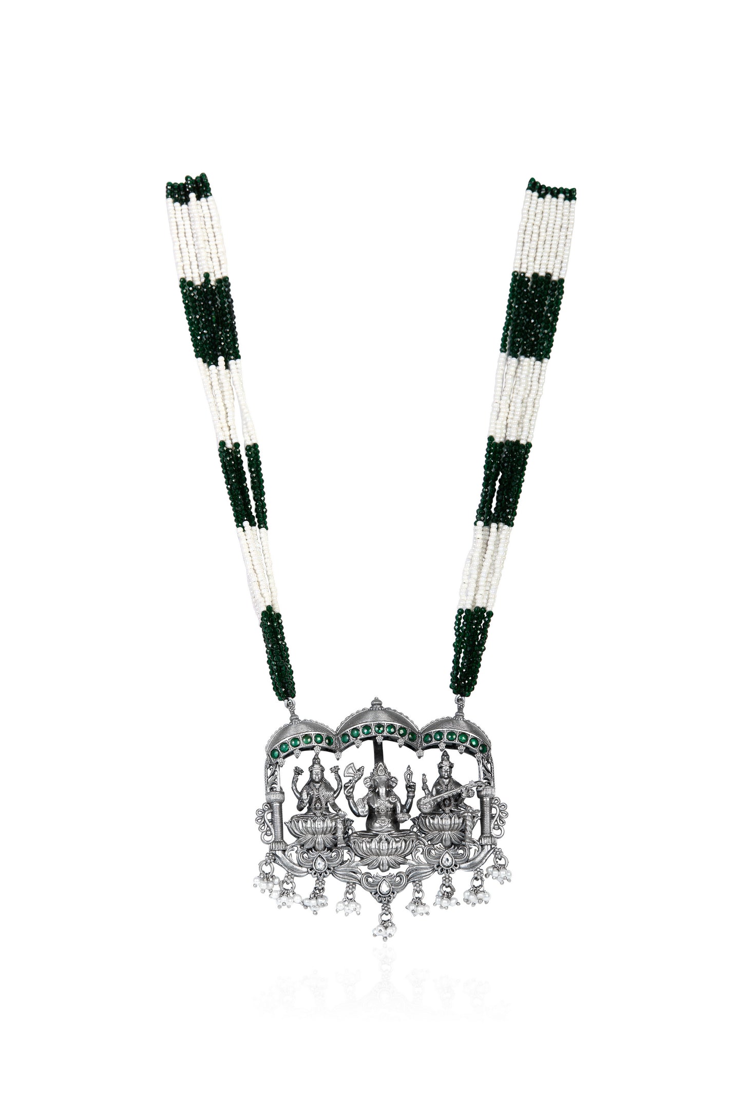 Silver Tone Lakshmi Ganesha Saraswati Necklace with Green Onyx and Pearl Beads