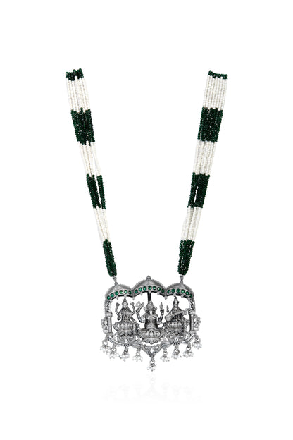 Silver Tone Lakshmi Ganesha Saraswati Necklace with Green Onyx and Pearl Beads