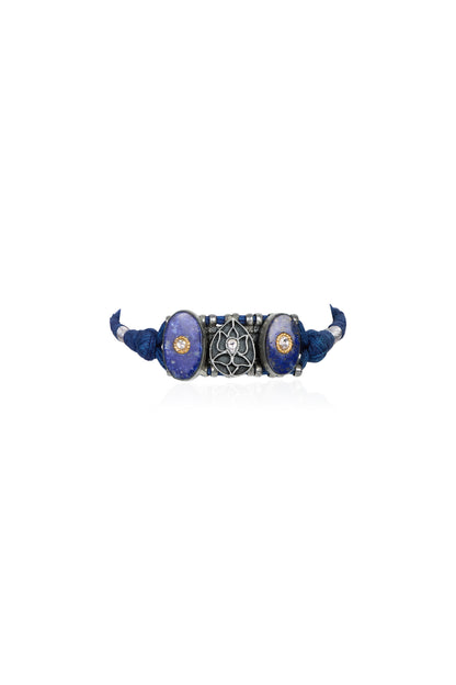 Unique Silver Choker with Lapis Lazuli Ends, Geometric Detail, and Colorful Gemstones on Blue Thread