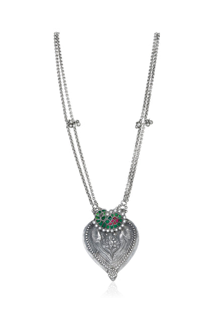 Silver Tone Long Necklace with Leaf Pendant, Enamel and Pearl Accents
