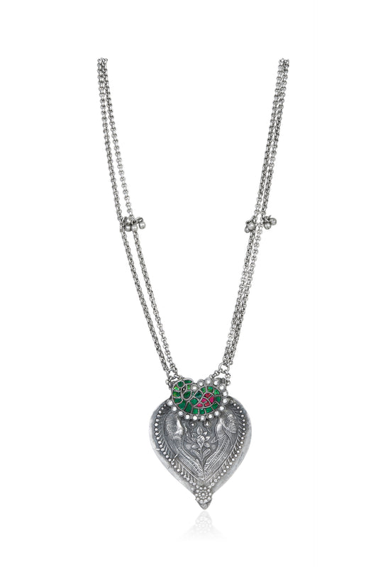 Silver Tone Long Necklace with Leaf Pendant, Enamel and Pearl Accents