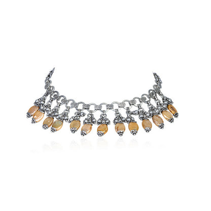Silver Tone Choker with Dangling Oval Moonstones and Ornate Links
