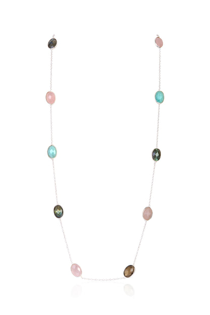 Elegant Silver Chain Necklace with Pastel and Earth Tone Gemstone Accents