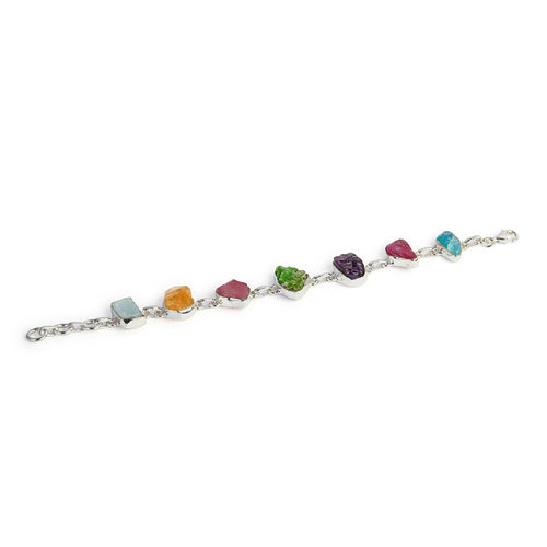 Silver Tone Bracelet with Multi-Colored Raw Gemstone Links