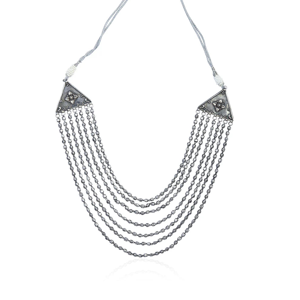 Amaris Silver Tone Cascading Bib Necklace with Triangular Elements