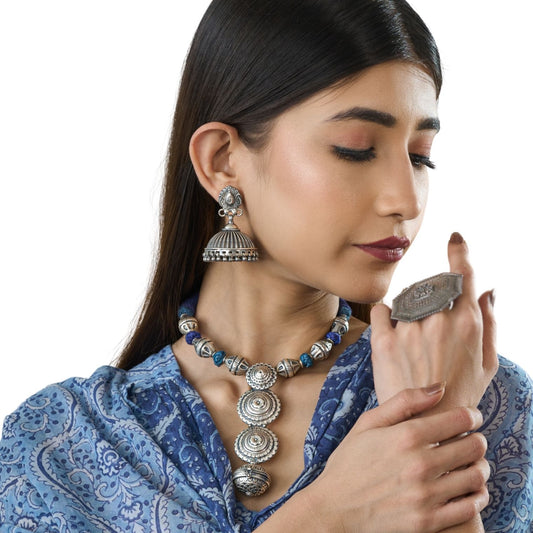 Ethnic Blue Thread & Oxidized Look Silver Necklace