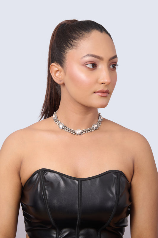 Silver Tone Choker with Polki Diamonds and Round White Gem Accents
