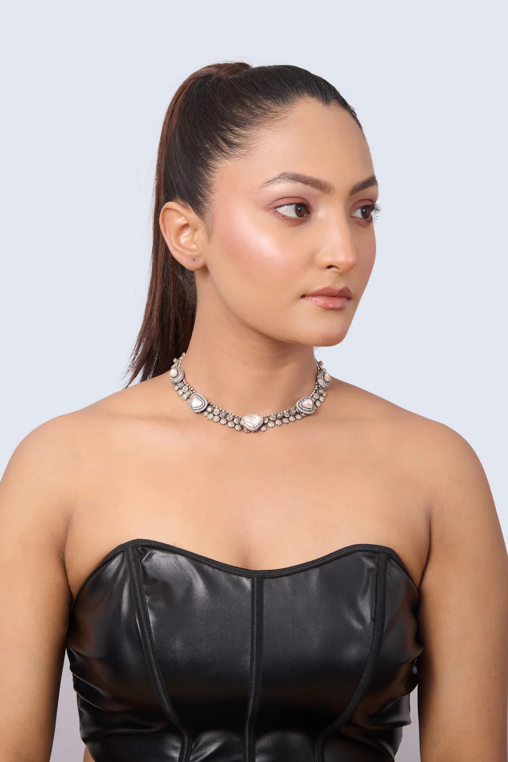 Silver Tone Choker with Polki Diamonds and Round White Gem Accents