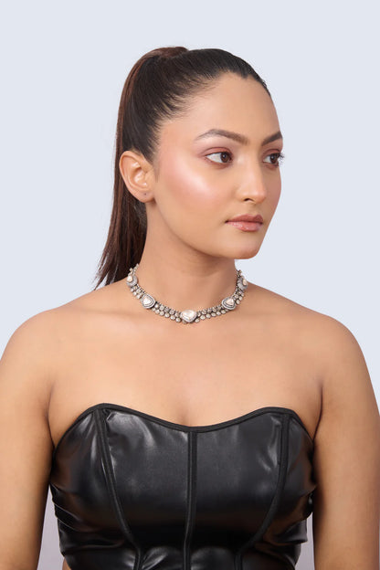 Silver Tone Choker with Polki Diamonds and Round White Gem Accents