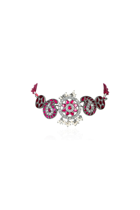 Elegant Silver Choker with Ruby Floral Medallion, Paisley Motifs, and Pearl Drops