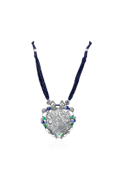 Silver Tone Pendant Necklace with Sapphire, Emerald, and White Gem Accents