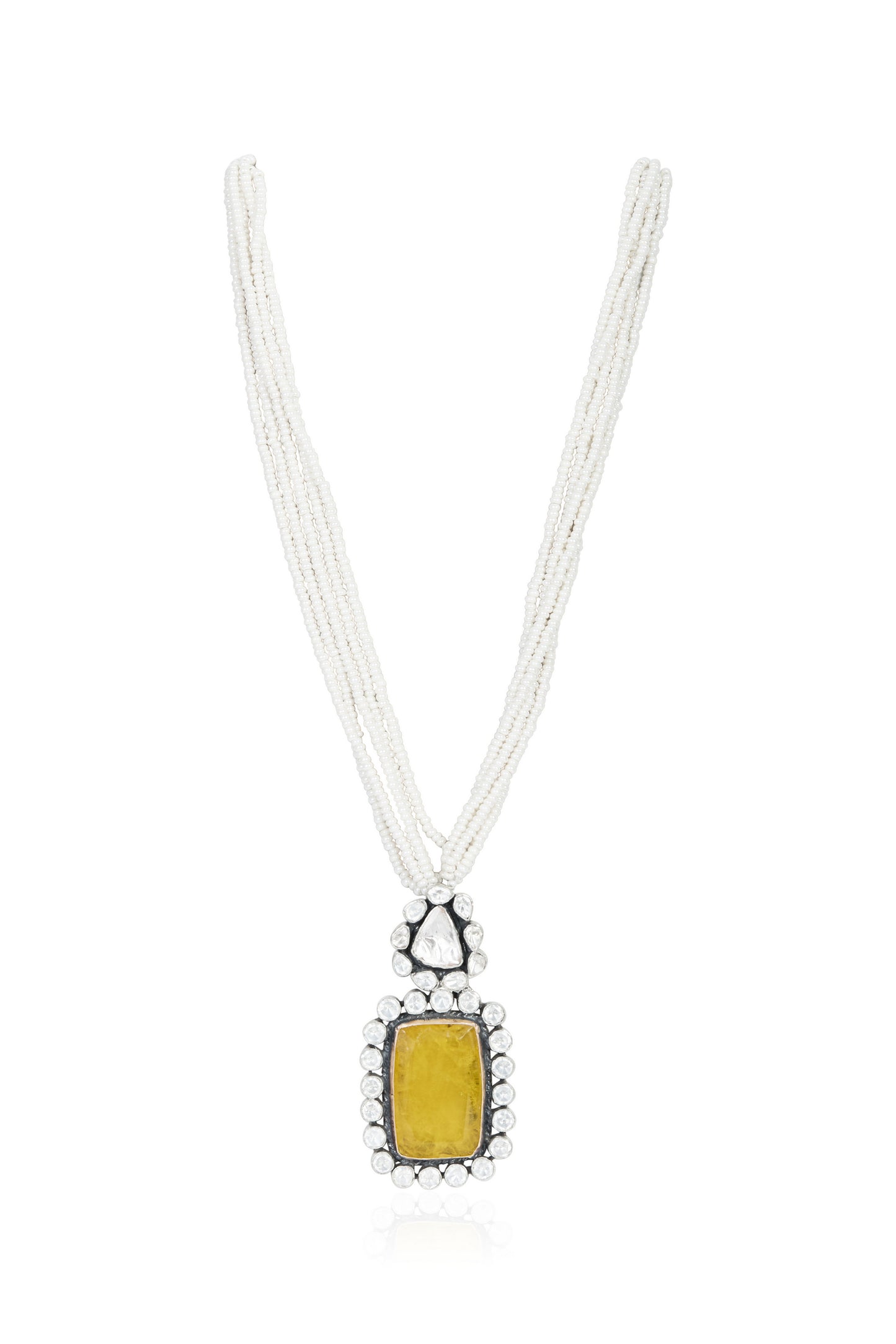 Delicate Silver Necklace with Layered White Beads and Yellow Quartz Pendant with Polki