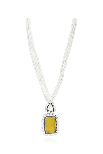 Delicate Silver Necklace with Layered White Beads and Yellow Quartz Pendant with Polki