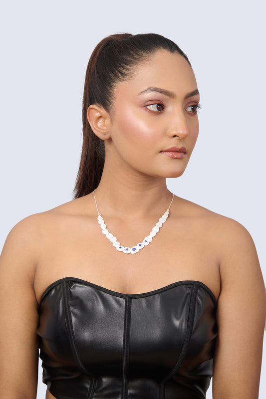 Delicate Silver Necklace with Shell Leaf Shapes and Round Blue Topaz Stones