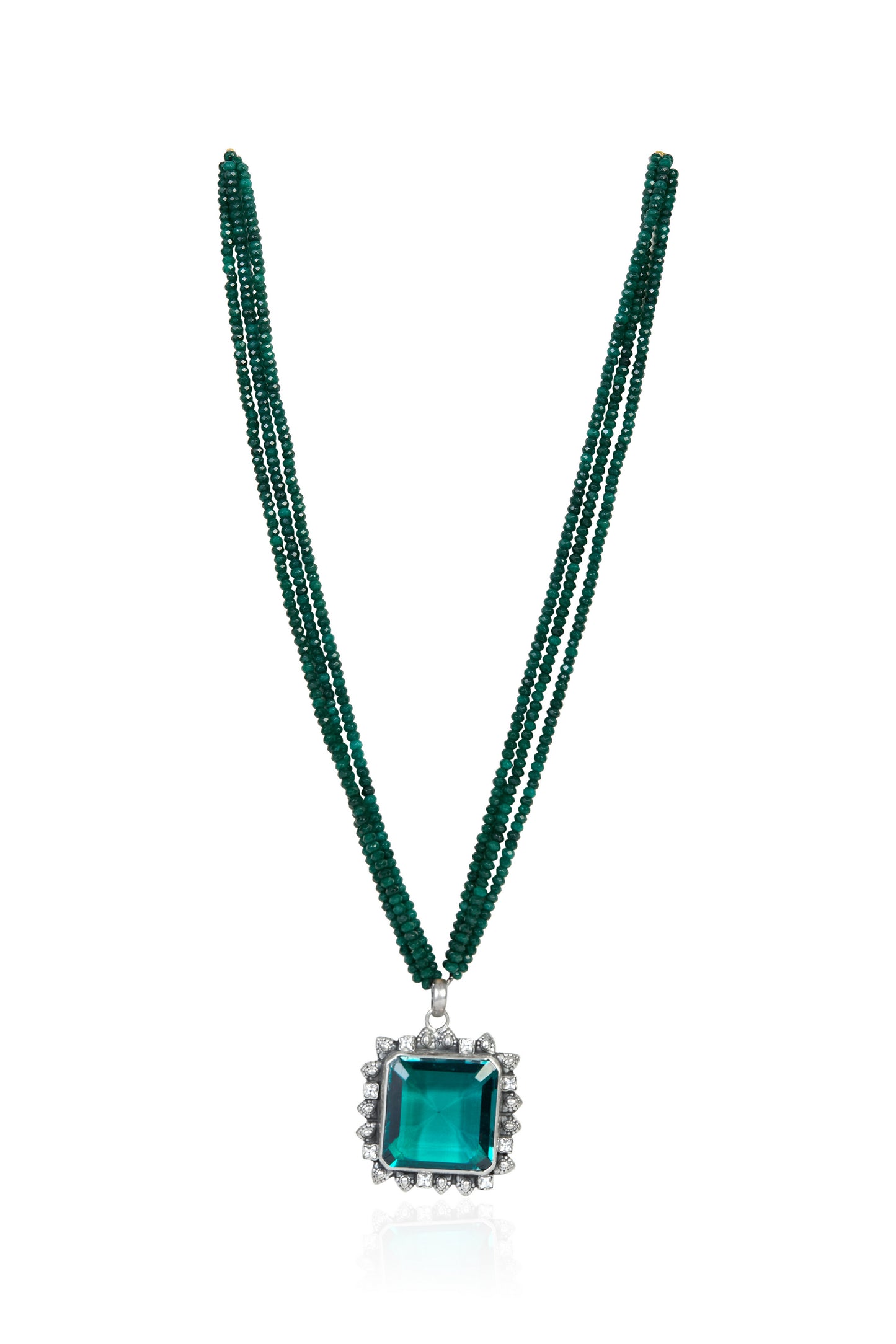 Silver Tone Necklace with Multi-Strand Green Onyx Beads and Emerald Pendant