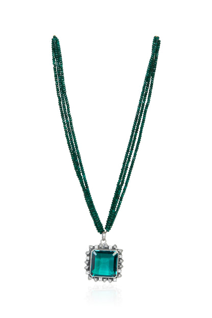 Silver Tone Necklace with Multi-Strand Green Onyx Beads and Emerald Pendant