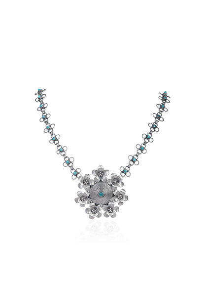 Silver Tone Necklace with Turquoise Floral Pendant and Chain