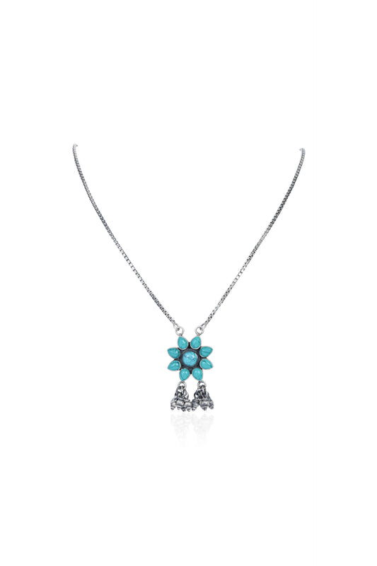 Silver Tone Necklace with Turquoise Flower Pendant and Dangling Silver Bells