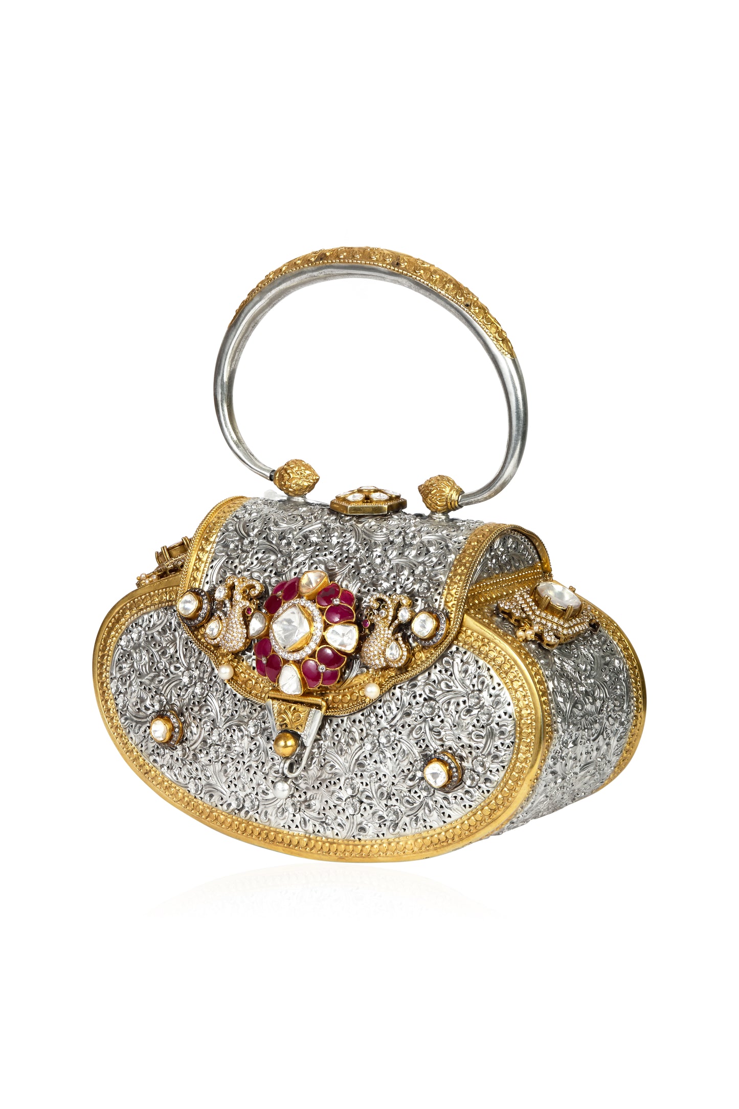 Women's Handcrafted Clutch with Ruby, White, and Pearl Accents