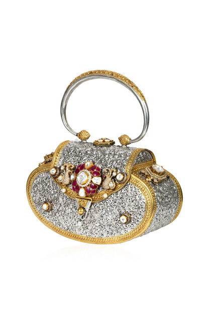 Women's Handcrafted Clutch with Ruby, White, and Pearl Accents
