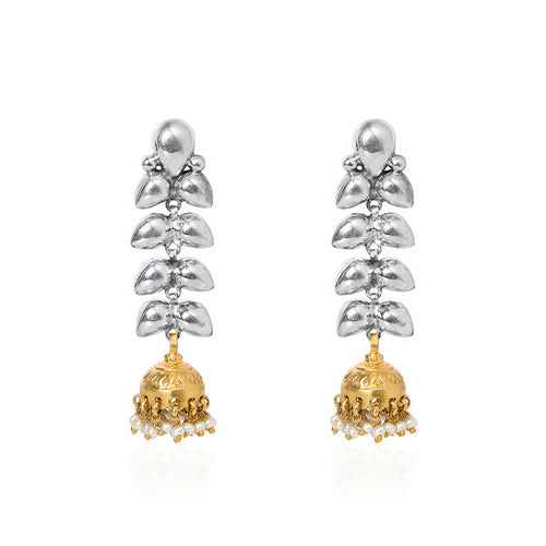 Oxidized Silver Leaf Jhumka Earrings with Gold Bell and Pearl Drops