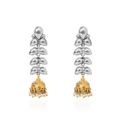 Oxidized Silver Leaf Jhumka Earrings with Gold Bell and Pearl Drops