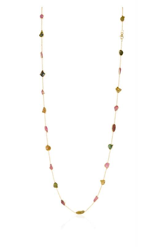 Elegant Silver Chain Necklace with Freeform Multi-Colored Tourmaline Accents