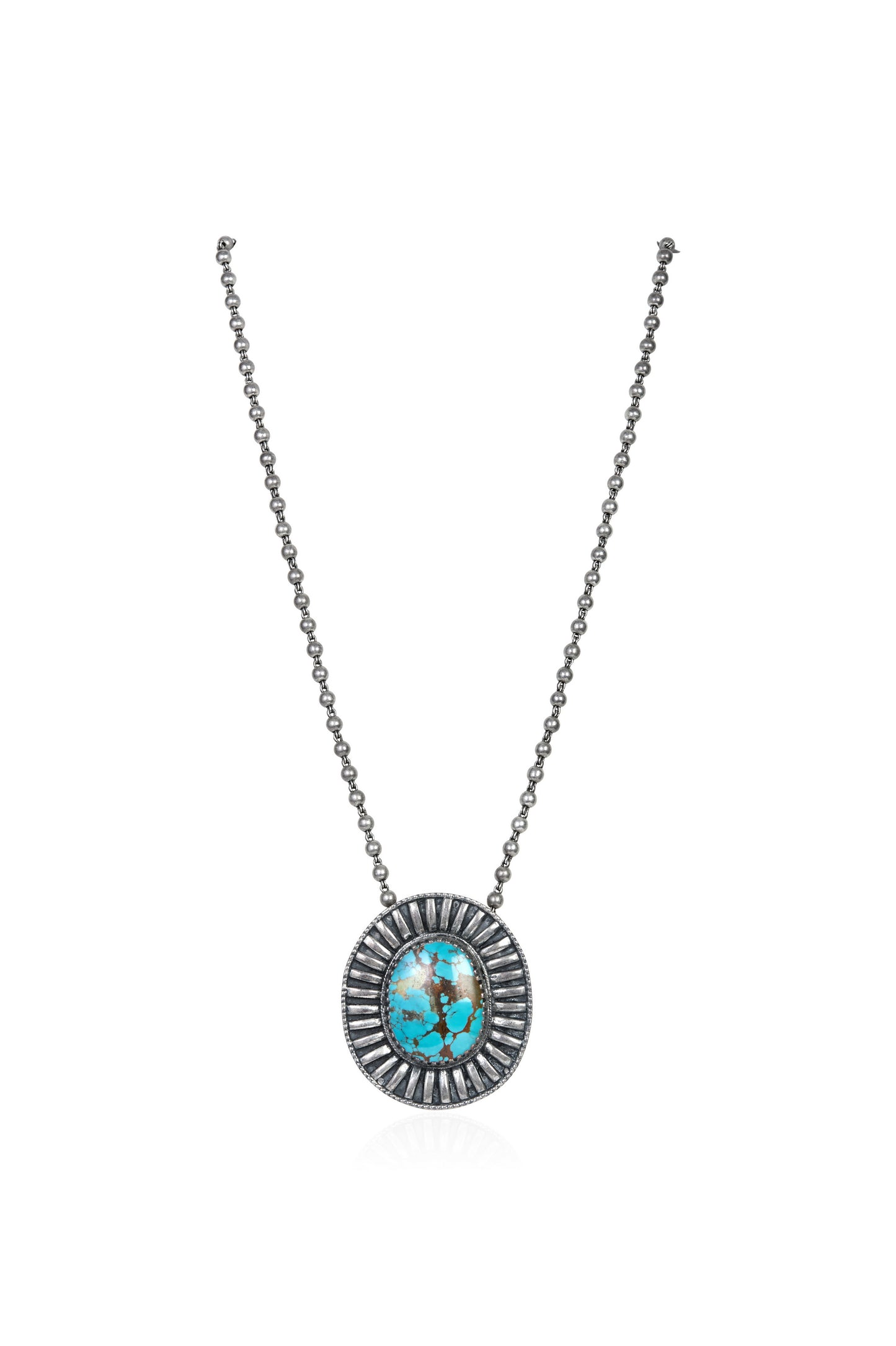 Sterling Silver Necklace with Oval Turquoise Sunburst Pendant