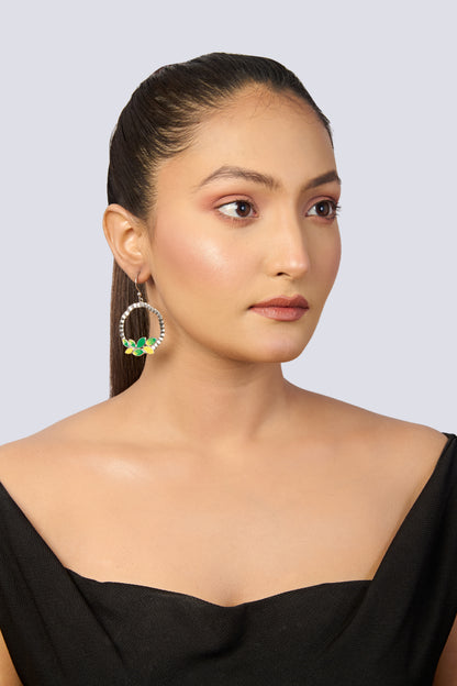 Green & Yellow Enamel Leaf Hoop Dangle Earrings