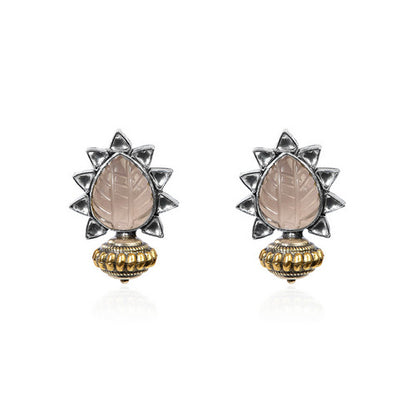 Oxidized Silver & Gold Tone Stud Earrings with Carved Pink Stone and Metallic Drop