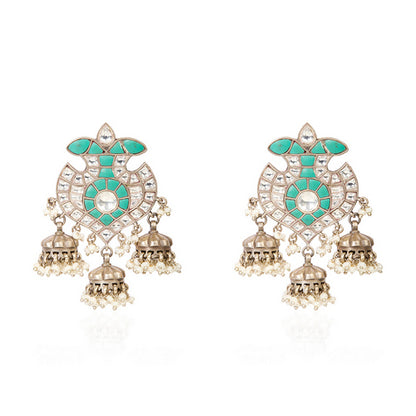 Traditional Oxidized Silver Kundan Jhumki Earrings with Turquoise Stone Top and Pearl Dangles