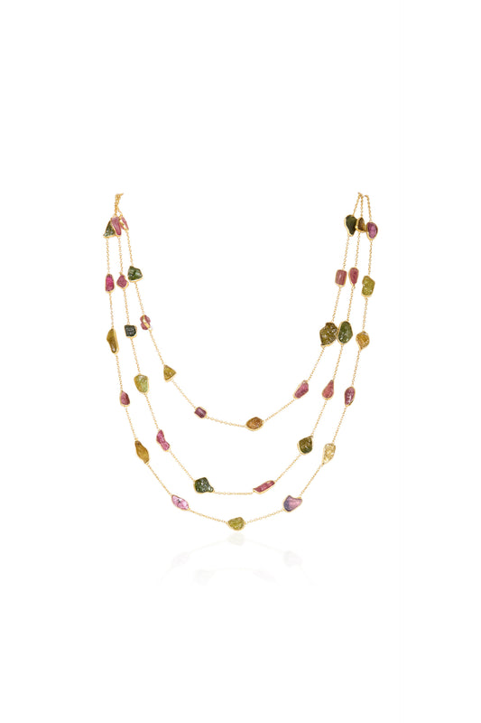 Women's Necklace with Unique Shaped Tourmalines in Assorted Hues (Three-Layer)