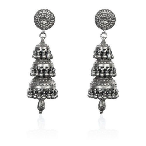 Traditional Oxidized Silver Multi-Tier Jhumka Earrings