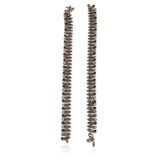 Intricate Green Stone Silver Beaded Anklet