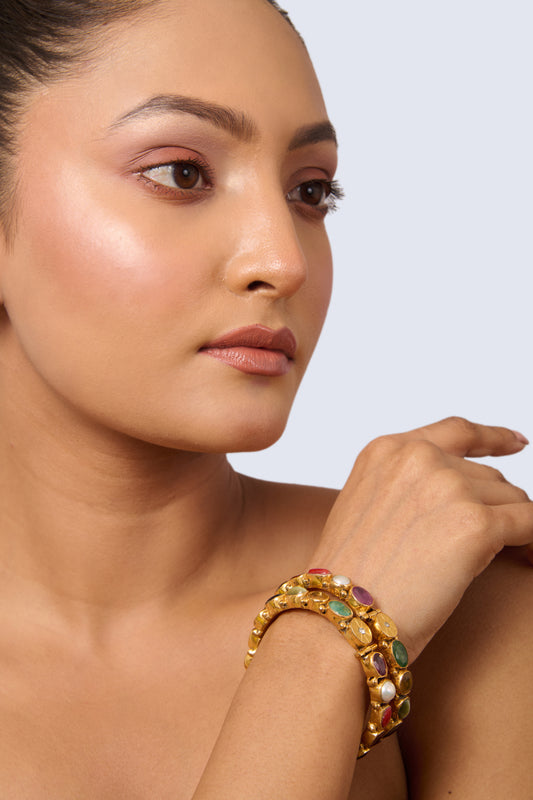 Pair of Gold Tone Hinged Navratna Bangles